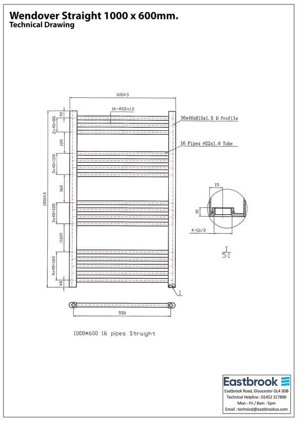Eastbrook Ladder Rail Eastbrook Wendover Straight Vertical Heated Towel Rail - 1000 x 600mm - Gloss White