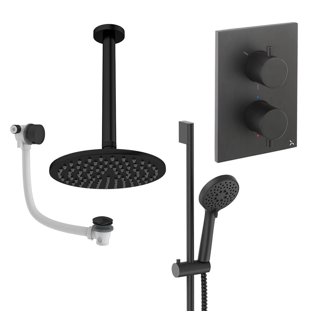 UK Bathroom Store Concealed Shower Set Matt Black / Ceiling Arm / 200mm Crosswater Crossbox Shower Set 10 - 3 Outlet with Fixed Overhead Shower, Slide Rail Kit and Overflow Bath Filler Waste