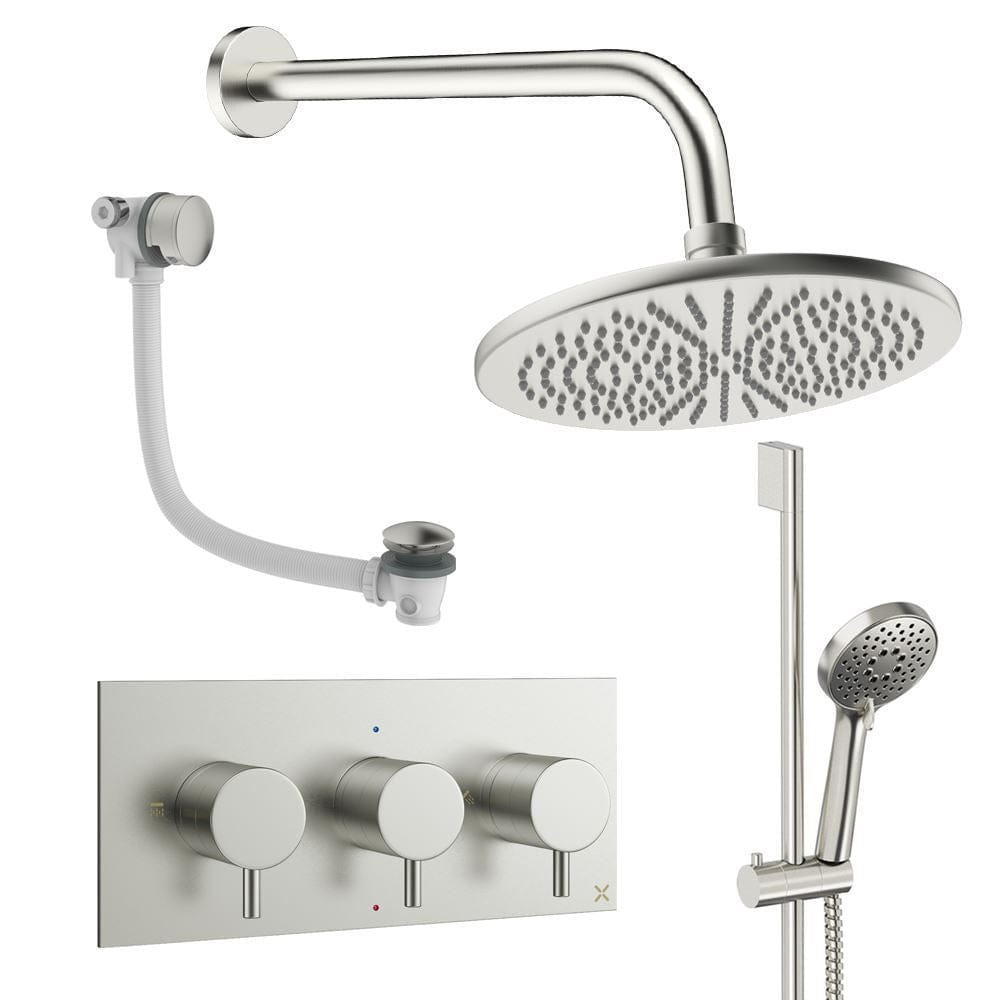 Crosswater Concealed Shower Set Brushed Nickel / Wall Arm / 300mm Crosswater Design 3 Handle 3 Outlet Shower Set 9 with Slide Rail Kit, Rainfall Head and Overflow Bath Filler