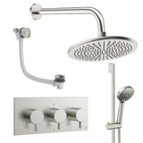 Crosswater Concealed Shower Set Brushed Nickel / Wall Arm / 300mm Crosswater Design 3 Handle 3 Outlet Shower Set 9 with Slide Rail Kit, Rainfall Head and Overflow Bath Filler