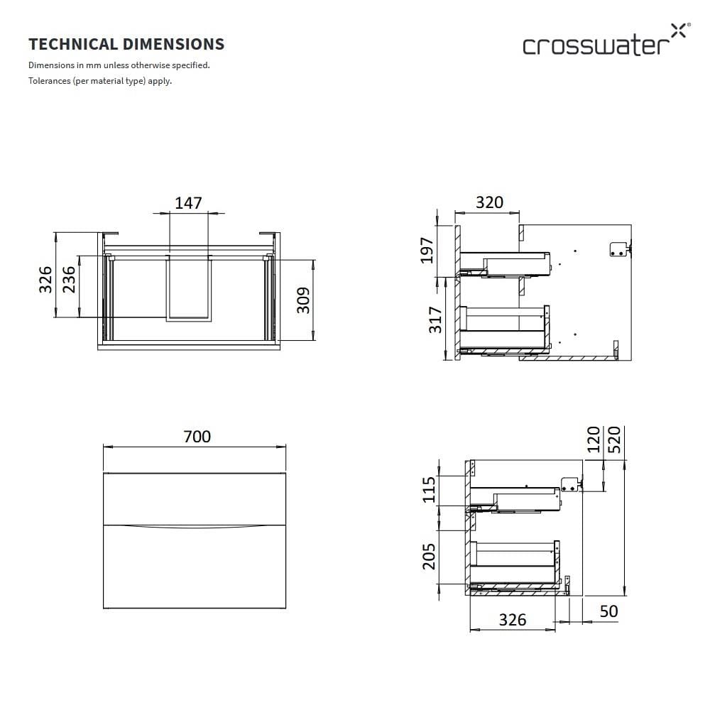Crosswater Wall Mounted Vanity Unit Crosswater Glide II Wall Mounted Two Drawer Vanity Unit with Worktop