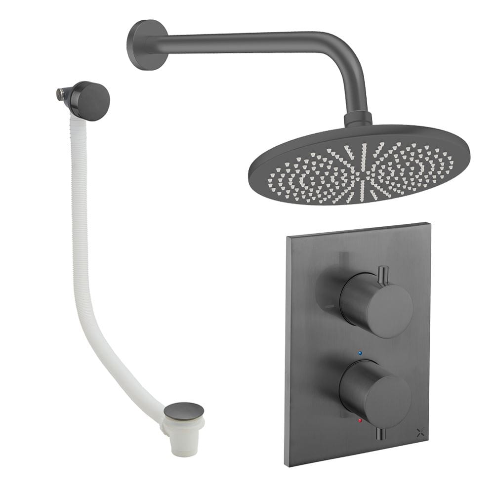 UK Bathroom Store Concealed Shower Set Slate / Wall Arm / 300mm Crosswater Crossbox Shower Set 7 - 2 Outlet with Fixed Overhead Shower and Overflow Bath Filler Waste