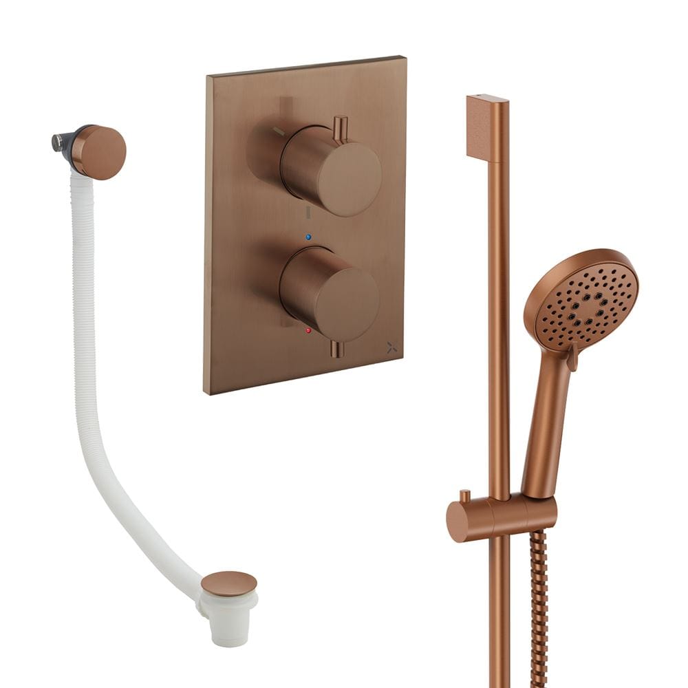 UK Bathroom Store Concealed Shower Set Brushed Bronze Crosswater Crossbox Shower Set 6 - 2 Outlet with Riser Rail Kit and Overflow Bath Filler Waste