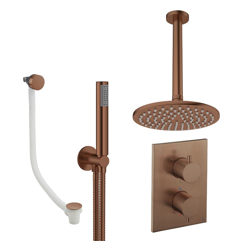 UK Bathroom Store Concealed Shower Set Brushed Bronze / Ceiling Arm / 200mm Crosswater Crossbox Shower Set 9 - 3 Outlet with Fixed Overhead Shower,Pencil Handset and Overflow Bath Filler Waste