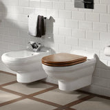Villeroy & Boch Wall Hung Toilet Walnut Stained Solid Birch  Wood Villeroy & Boch Hommage Traditional Wall Hung Toilet with Seat
