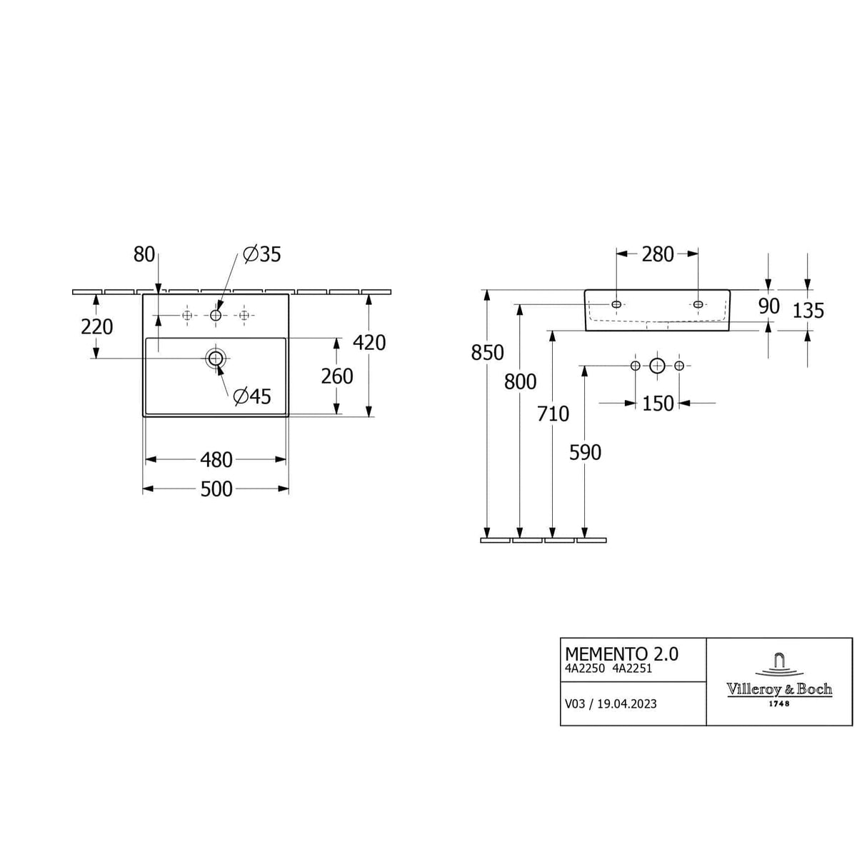 Villeroy & Boch Wall Hung Basin Villeroy & Boch Memento 2.0 Wall Hung Basin with Overflow in White Alpin