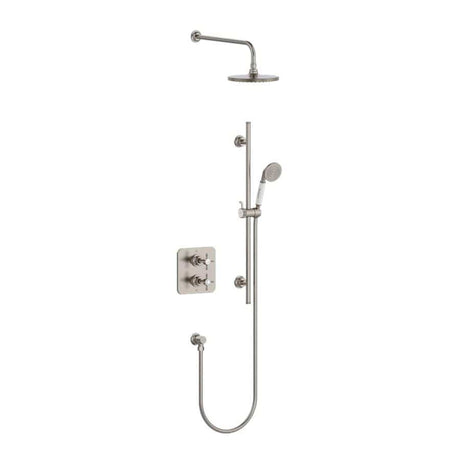 Burlington Concealed Shower Set Burlington Guild Square 1 Outlet, 2 Handle Concealed Thermostatic Shower Valve with Fixed Shower Arm & Head, Rail, Hose, Handset & Outlet Elbow in Brushed Nickel