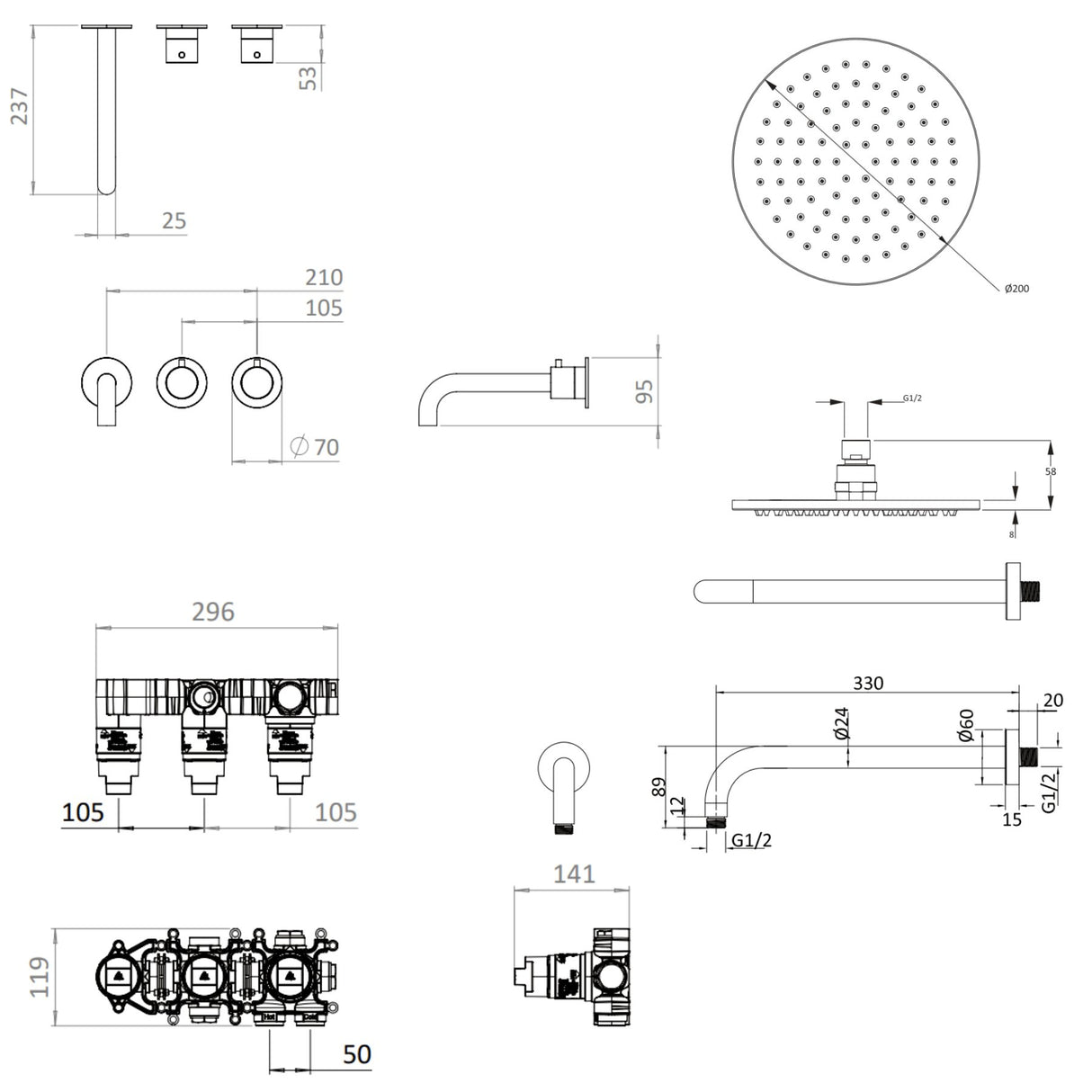 UK Bathroom Store Concealed Shower Set Crosswater Module Shower Set 3 with Fixed Overhead Shower and Bath Spout