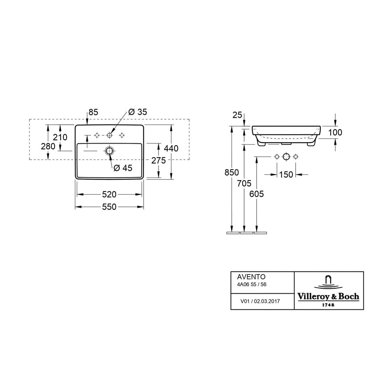 Villeroy & Boch Semi-Recessed Basin Villeroy & Boch Avento 550mm Semi-Recessed Basin with Overflow in White Alpin