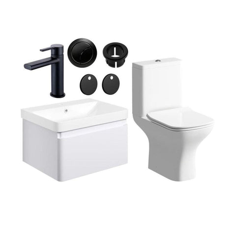 Aquarius Sophie 605mm Wall Hung Vanity Unit, Close Coupled Toilet, Tap and Fittings Bundle