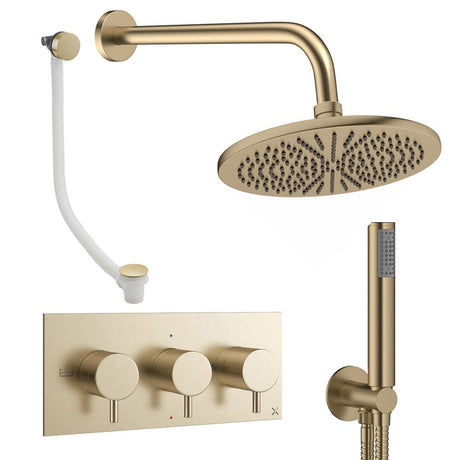 Crosswater Concealed Shower Set Brushed Brass / Wall Arm / 300mm Crosswater Design 3 Handle 3 Outlet Shower and Bath Filler Set 8