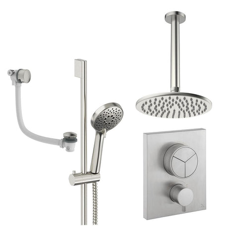 UK Bathroom Store Concealed Shower Set Brushed Nickel / Ceiling Arm / 200mm Crosswater Crossbox Push Shower Set 8 - 3 Outlet with Fixed Overhead Shower, Slide Rail Kit and Overflow Bath Filler Waste