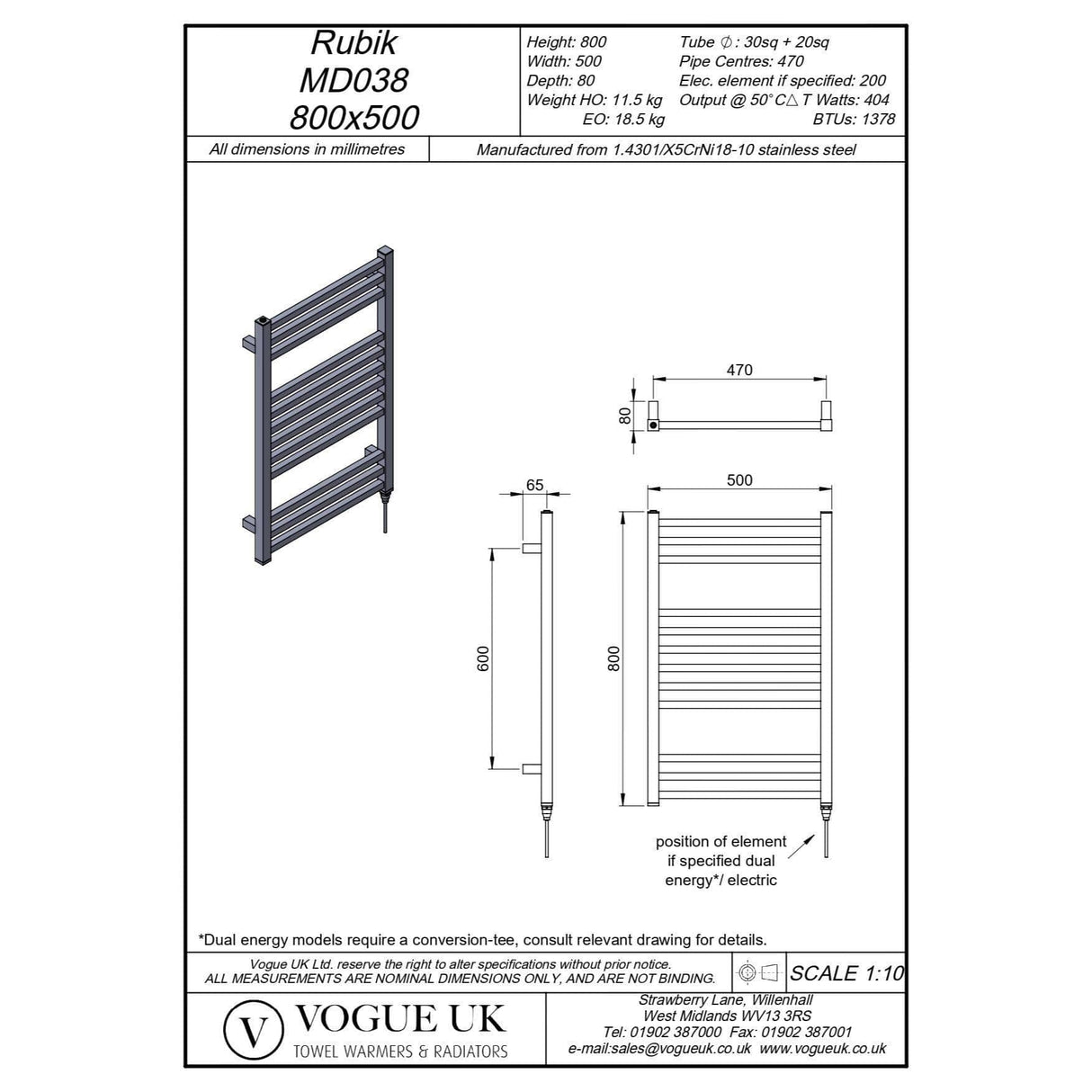 Vogue Designer Towel Radiator 800 x 500 / Central Heating Vogue Rubik Designer Towel Radiator in Polished Stainless Steel