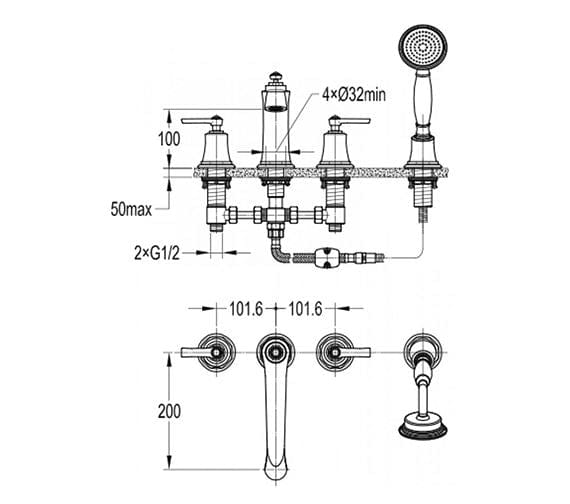 Flova Bath Mixer Flova Liberty 4 Hole Bath and Shower Mixer Tap with Shower Set