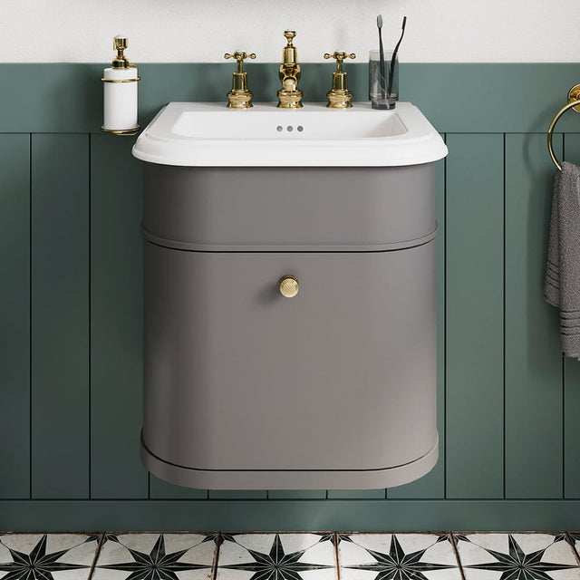 Burlington Wall Mounted Vanity Unit Classic Grey / Ceramic Basin - 3 Tap Hole / Gold Burlington Chalfont 550mm Wall Mounted Single Drawer Vanity Unit with Basin
