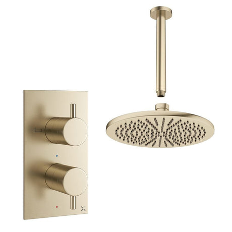 Crosswater Concealed Shower Set Brushed Brass / Ceiling Arm / 300mm Crosswater Design 2 Handle 1 Outlet Shower Set