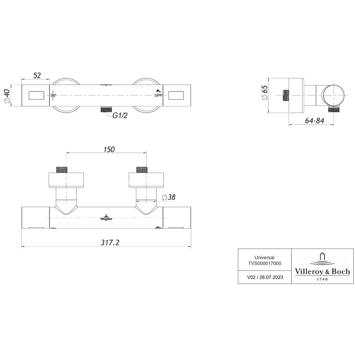 Villeroy & Boch Exposed Shower Valve Villeroy & Boch Universal Thermostatic Round Bar Shower Valve