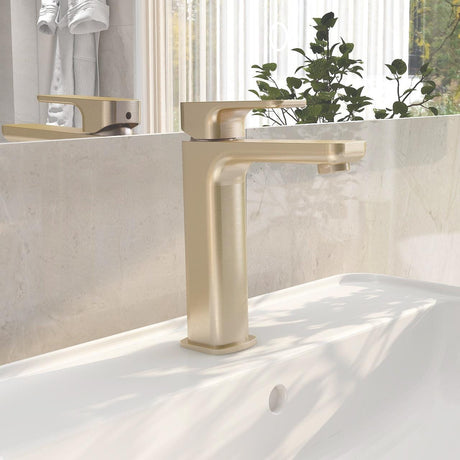 Imex Mono Basin Tap Brushed Brass Imex Blade Tall Single Lever Basin Mixer Tap with Universal Clicker Waste