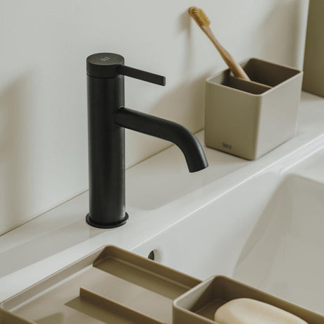 Roca Mono Basin Tap Matt Black Roca Ona Basin Mixer Tap with Click Clack Waste and Cold Start