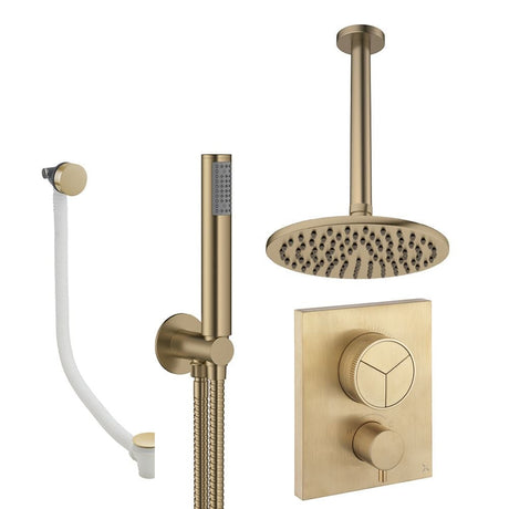 UK Bathroom Store Concealed Shower Set Brushed Brass / Ceiling Arm / 200mm Crosswater Crossbox Push Shower Set 7 - 3 Outlet with Fixed Overhead Shower, Pencil Handset and Overflow Bath Filler Waste