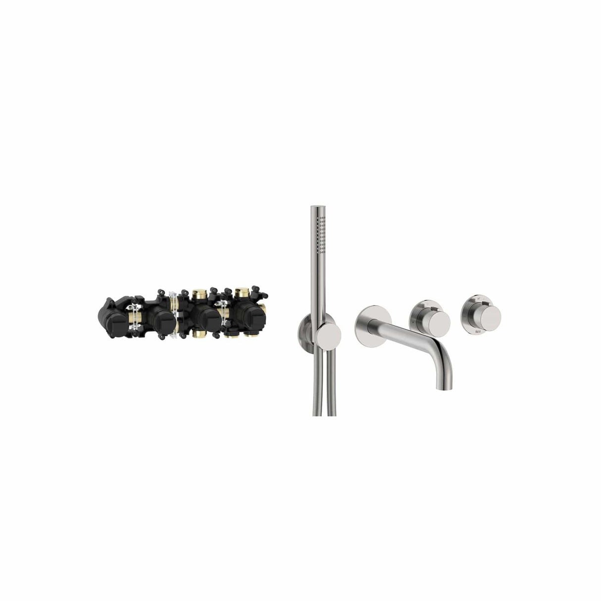 Roca Concealed Shower Set Stainless Steel Effect Roca T-Multi Thermostatic Concealed Shower Valve with Pencil Handset, Holder, Hose and Bath Spout