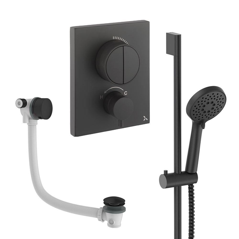 UK Bathroom Store Concealed Shower Set Matt Black Crosswater Crossbox Push Shower Set 4 - 2 Outlet with Slide Rail Kit and Overflow Bath Filler Waste