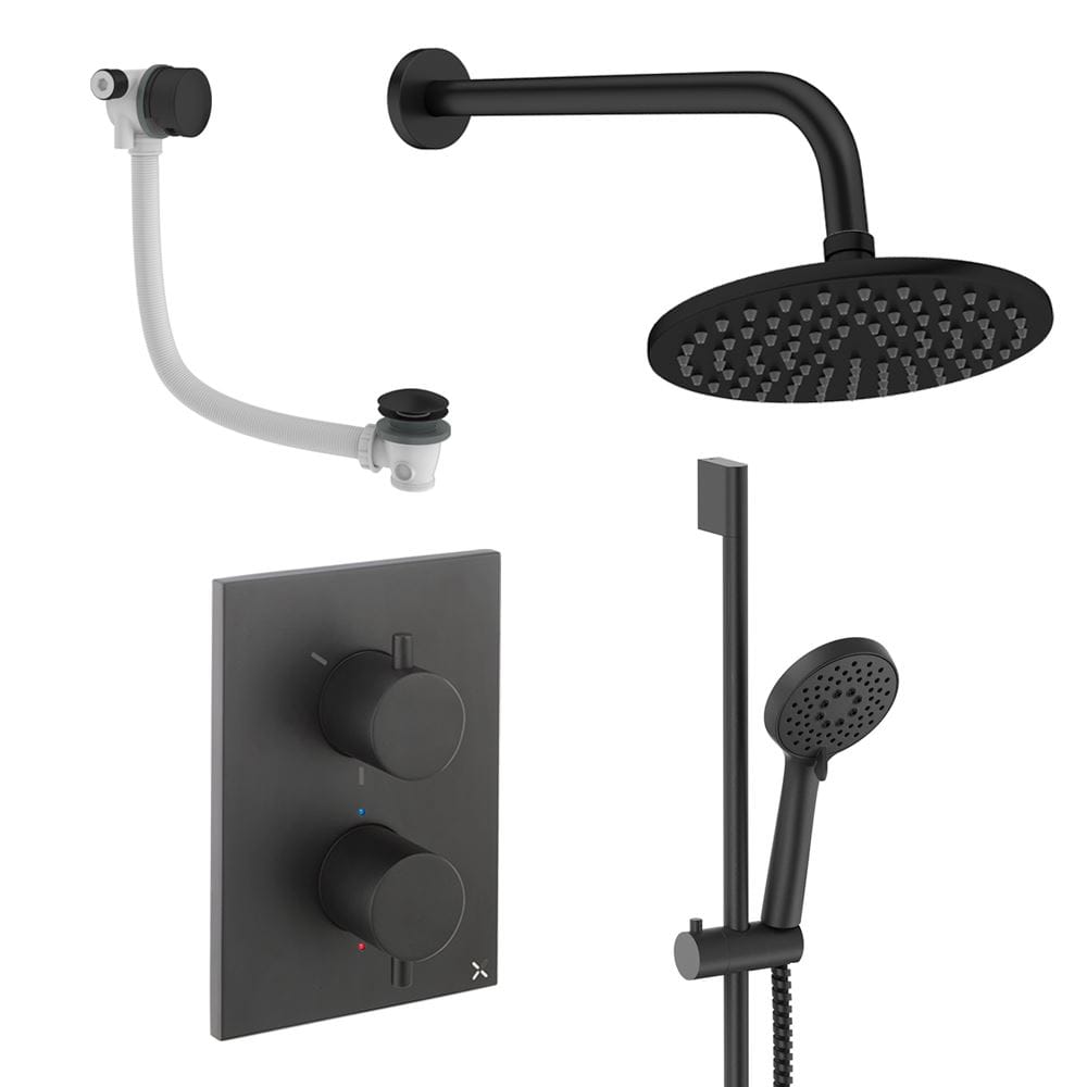 UK Bathroom Store Concealed Shower Set Matt Black / Wall Arm / 200mm Crosswater Crossbox Shower Set 10 - 3 Outlet with Fixed Overhead Shower, Slide Rail Kit and Overflow Bath Filler Waste