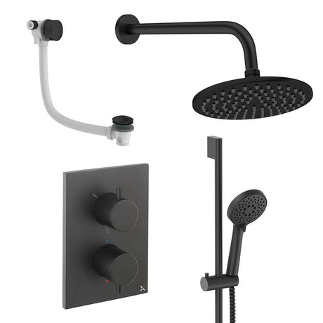 UK Bathroom Store Concealed Shower Set Matt Black / Wall Arm / 200mm Crosswater Crossbox Shower Set 10 - 3 Outlet with Fixed Overhead Shower, Slide Rail Kit and Overflow Bath Filler Waste