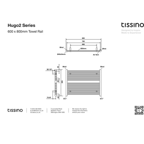 Tissino Ladder Rail Tissino Hugo2 Towel Radiator - 600 x 800mm - Anthracite - Central Heating