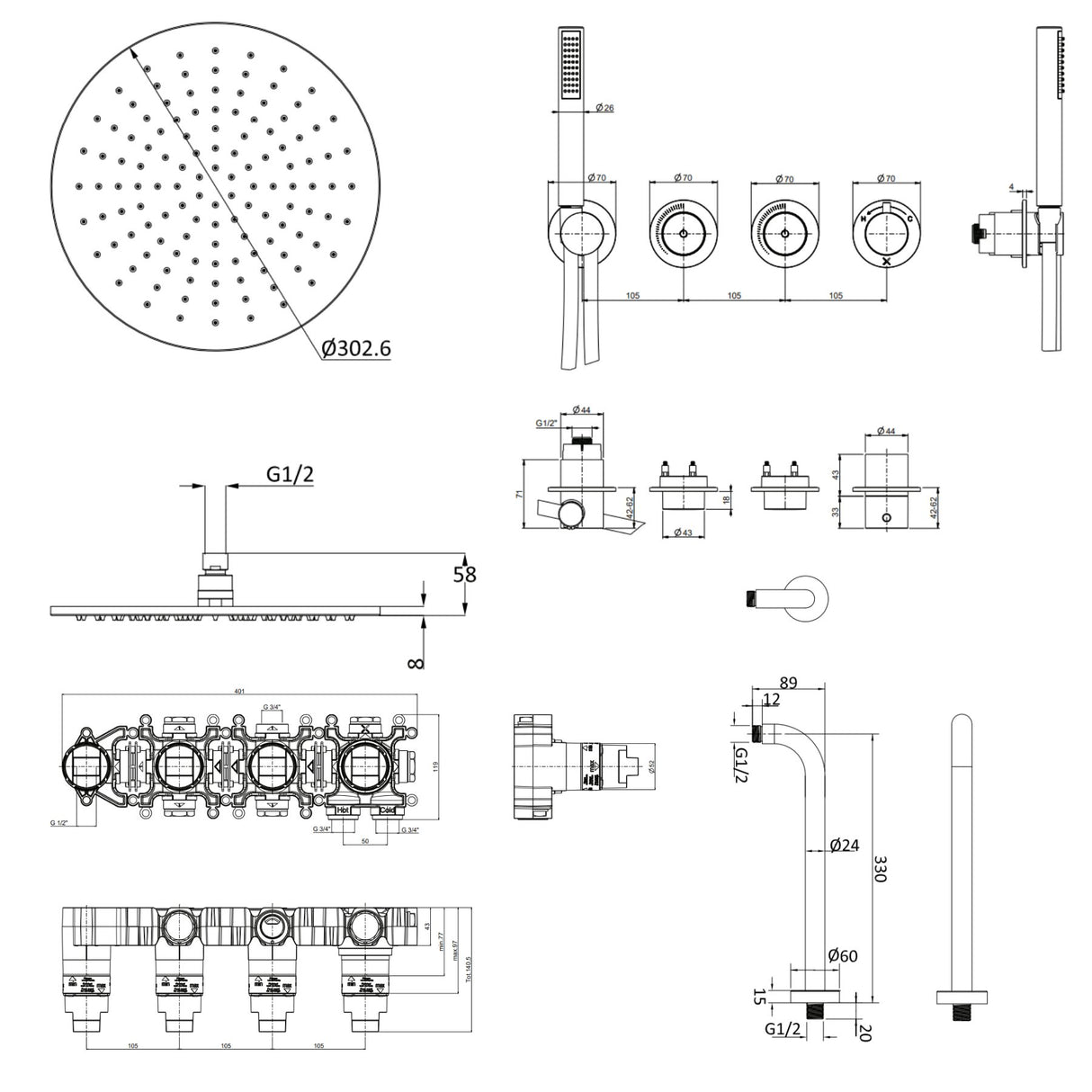 UK Bathroom Store Concealed Shower Set Crosswater Module Shower Set 8 - 2 Outlet with Pencil Handset and Overhead Shower