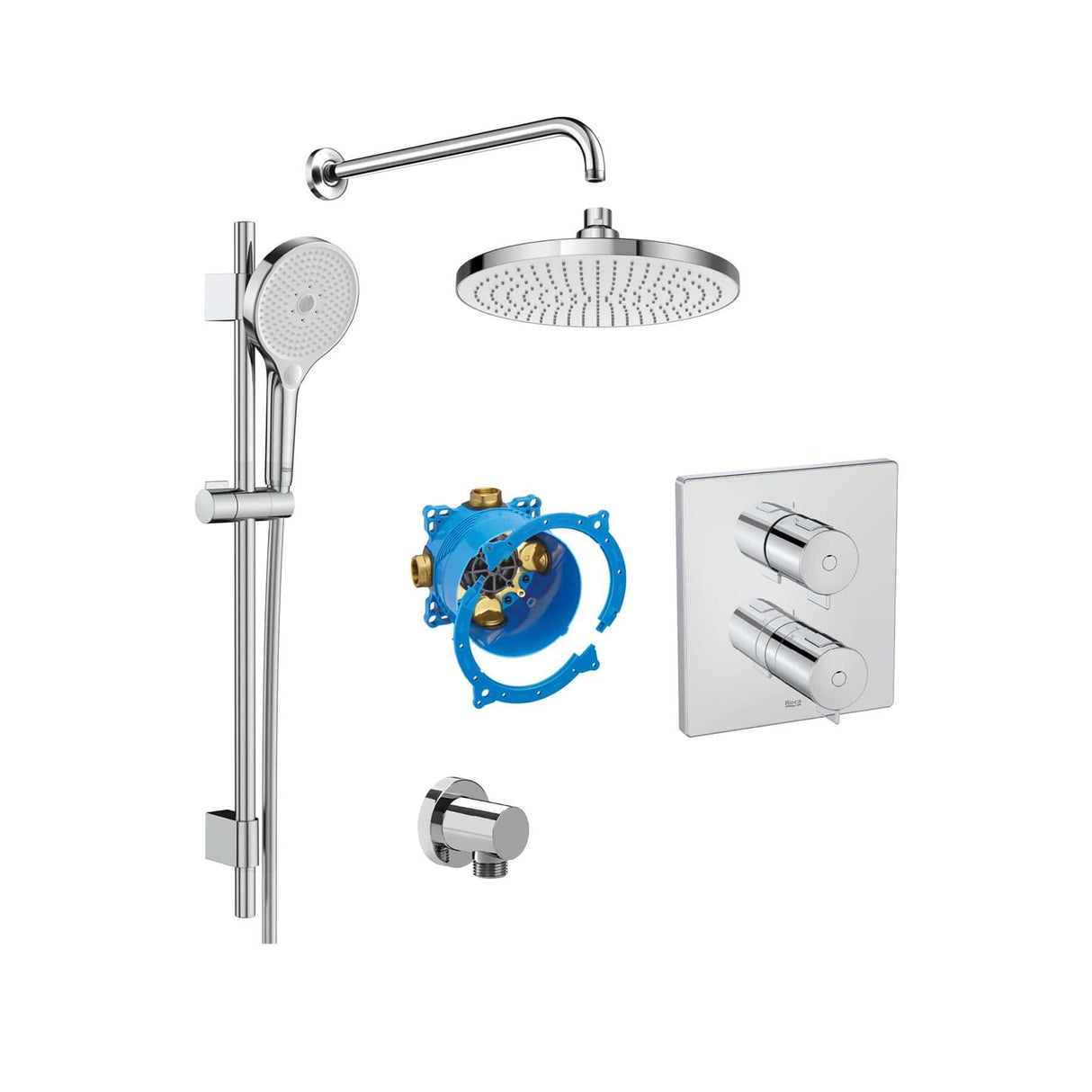 Roca Concealed Shower Set Chrome Roca T-500 Square Thermostatic Concealed Shower Valve with Rainshower Head, Shower Handset and Slide Rail Set