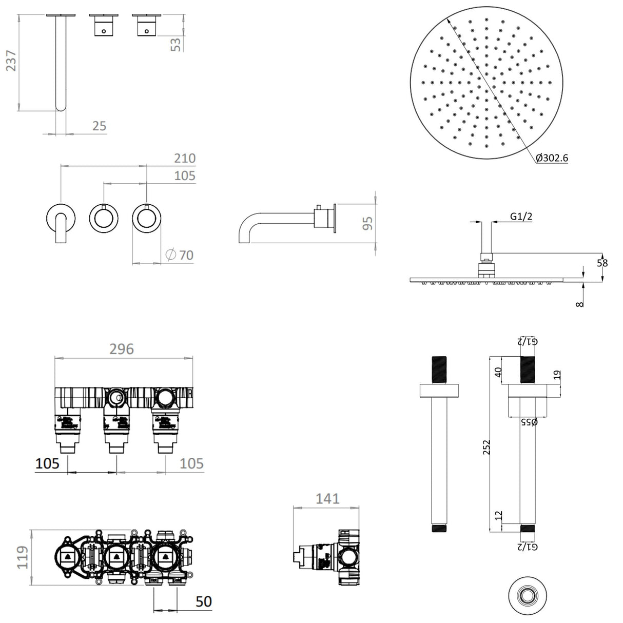 UK Bathroom Store Concealed Shower Set Crosswater Module Shower Set 3 with Fixed Overhead Shower and Bath Spout