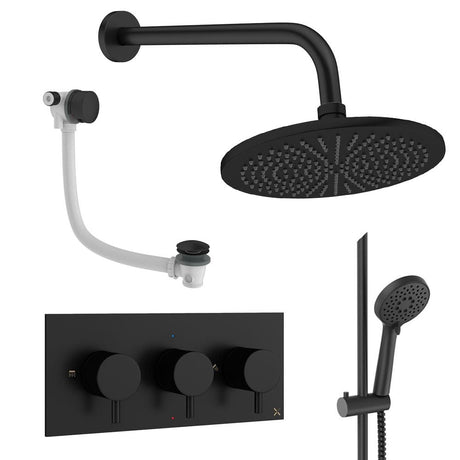 Crosswater Concealed Shower Set Matt Black / Wall Arm / 300mm Crosswater Design 3 Handle 3 Outlet Shower Set 9 with Slide Rail Kit, Rainfall Head and Overflow Bath Filler