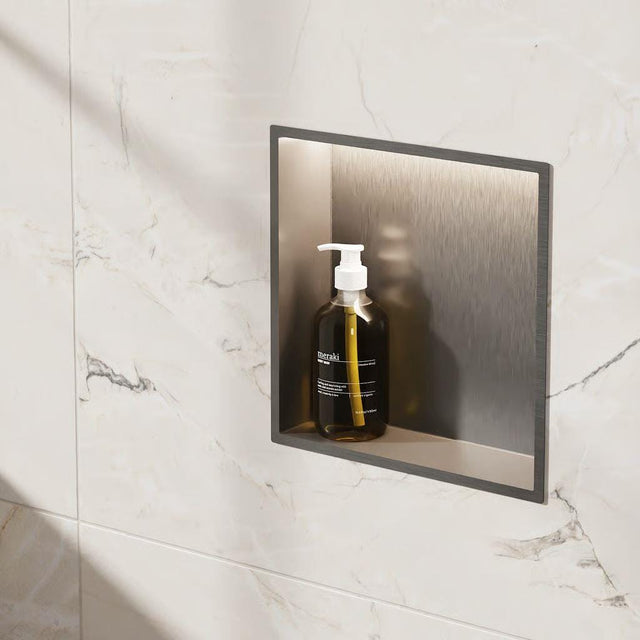 Crosswater Shower Niche Brushed Nickel Crosswater Square Shower Niche with LED - 305 x 305 x 80mm for Stud Walls