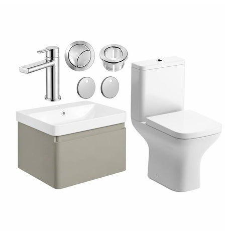 Aquarius Bathrooms Suites Matt Latte / Chrome Aquarius Sophie 605mm Wall Hung Vanity Unit, Close Coupled Toilet, Tap and Fittings Bundle