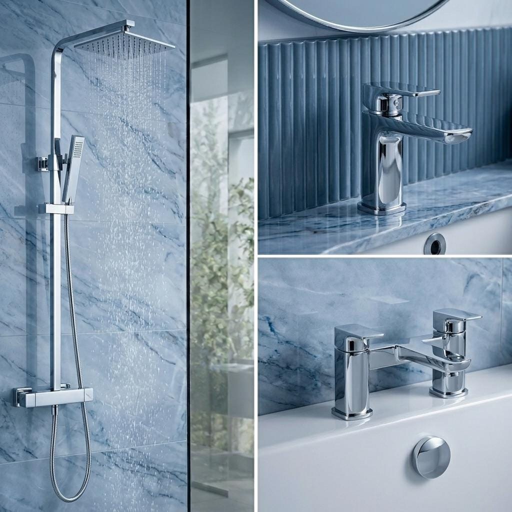 Aquarius Bathrooms Exposed Shower Set Aquarius Hydro Complete Shower Brassware Pack with Basin Mixer, Bath Mixer & Round Exposed Shower