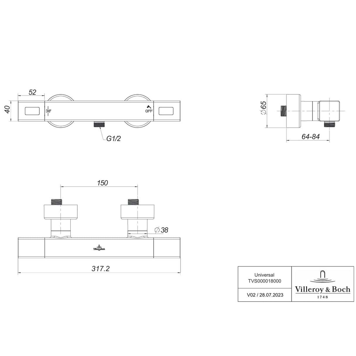 Villeroy & Boch Exposed Shower Valve Villeroy & Boch Universal Exposed Thermostatic Square Shower Valve