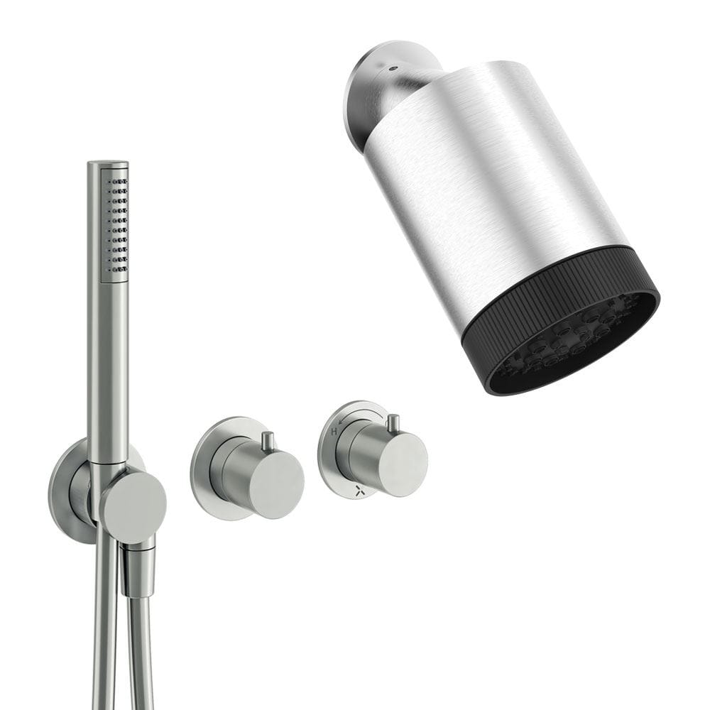 UK Bathroom Store Concealed Shower Set Brushed Nickel Crosswater Module Plus Shower Set 3 - 2 Outlet with Revive Multifunctional Spotlight Shower Head and Pencil Handset