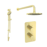 Saneux Concealed Shower Set Brushed Brass Saneux COS 2 Outlet, 2 Handle Concealed Shower Valve Kit with 3 Function Handset, Shower Head and Slider Rail
