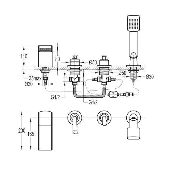 Flova 4 Tap Hole Bath Set Flova Cascade 4 Hole Bath Shower Mixer with Shower Set in Diamond Chrome