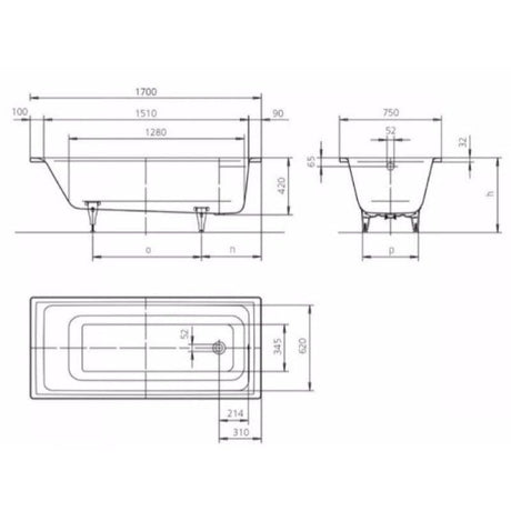 Kaldewei Single Ended Bath 1700 x 750mm / 2 Kaldewei Puro Single Ended Steel Bath with Leg Set