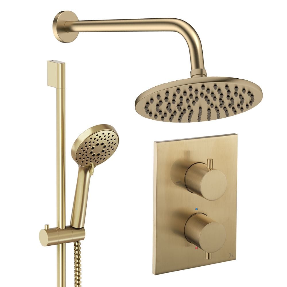 UK Bathroom Store Concealed Shower Set Brushed Brass / Wall Arm / 200mm Crosswater Crossbox Shower Set 4 - 2 Outlet with Riser Rail Kit and Fixed Overhead Showerhead
