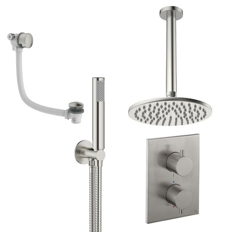 UK Bathroom Store Concealed Shower Set Brushed Nickel / Ceiling Arm / 200mm Crosswater Crossbox Shower Set 9 - 3 Outlet with Fixed Overhead Shower,Pencil Handset and Overflow Bath Filler Waste