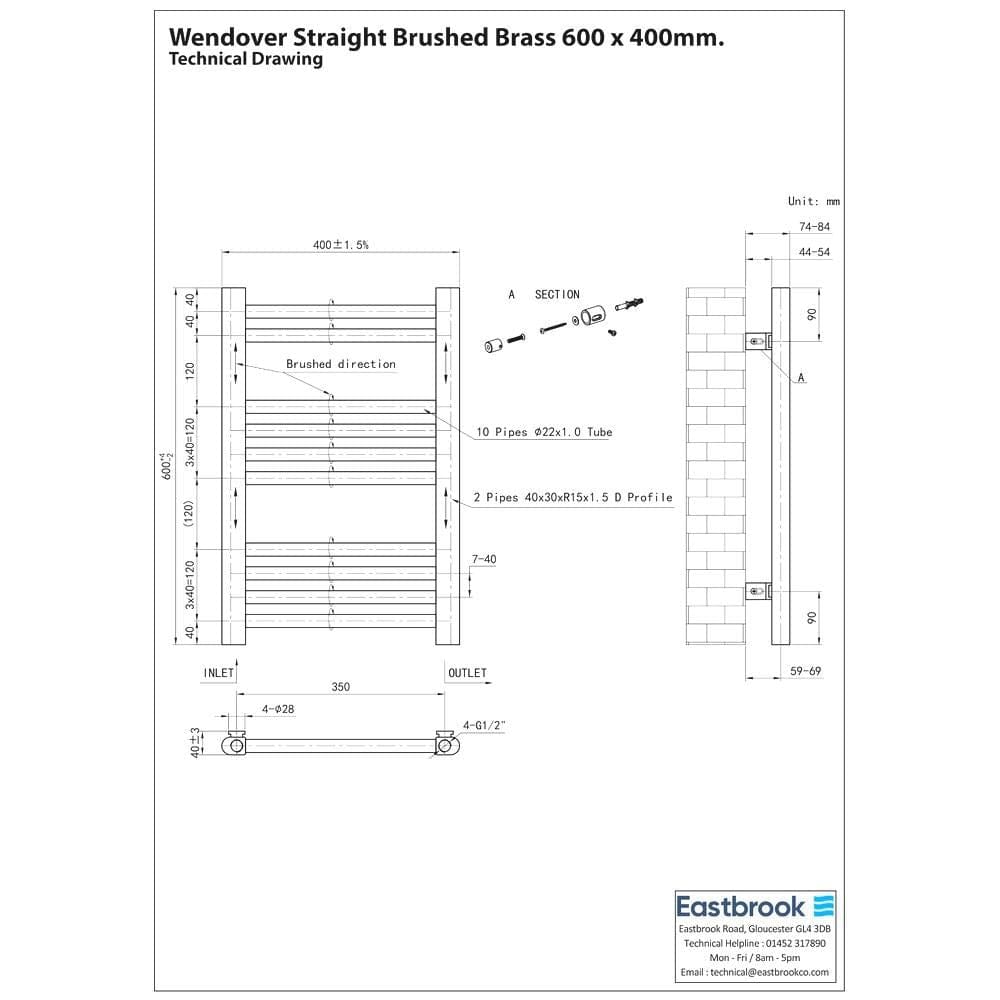 Eastbrook Wendover Straight Heated Towel Rail in Brushed Brass