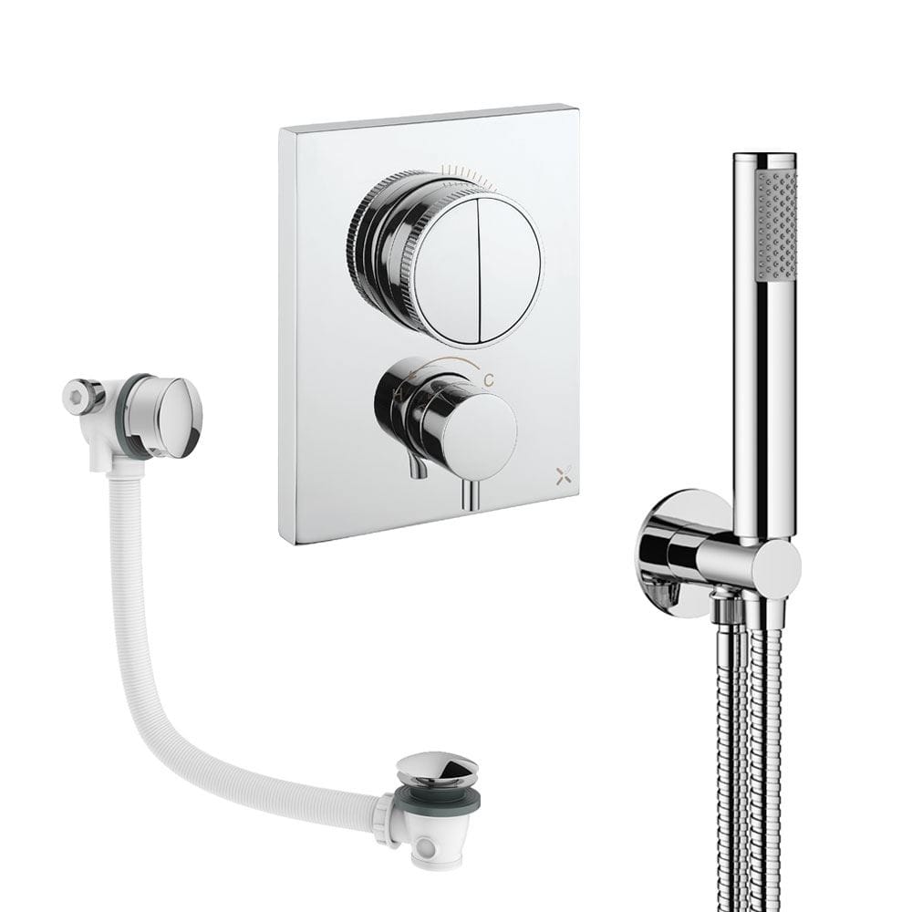 UK Bathroom Store Concealed Shower Set Chrome Crosswater Crossbox Push Shower Set 3 - 2 Outlet with Pencil Handset and Overflow Bath Filler Waste