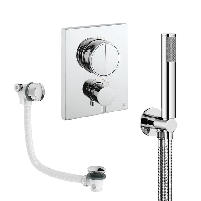 UK Bathroom Store Concealed Shower Set Chrome Crosswater Crossbox Push Shower Set 3 - 2 Outlet with Pencil Handset and Overflow Bath Filler Waste