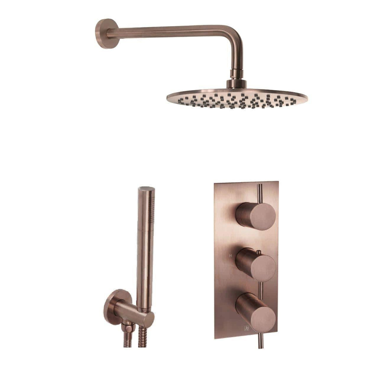JTP Concealed Shower Set Brushed Bronze JTP VOS Thermostatic Concealed Dual Outlet, 3 Handle Shower Kit with Showerhead and Headset