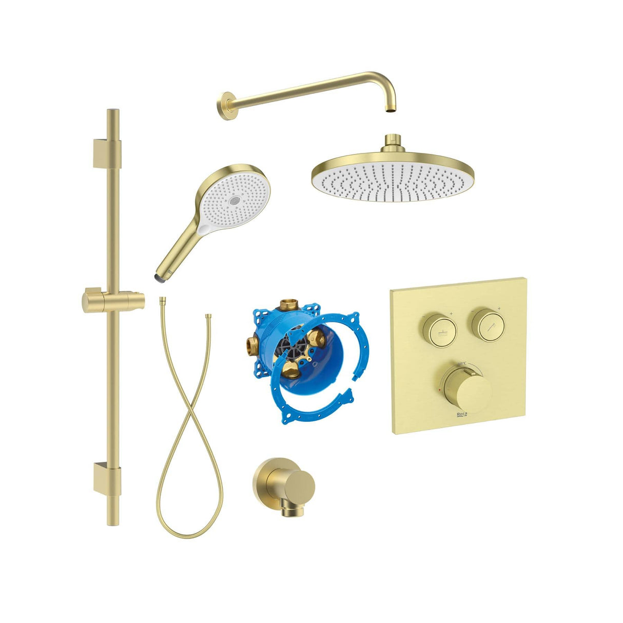 Roca Concealed Shower Set Brushed Brass Roca T-3000 Square Switch Thermostatic Concealed Shower Valve with Rainshower Head, Shower Handset and Slide Rail Set