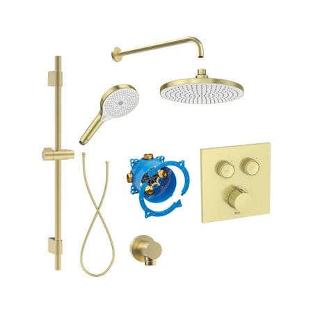Roca Concealed Shower Set Brushed Brass Roca T-3000 Square Switch Thermostatic Concealed Shower Valve with Rainshower Head, Shower Handset and Slide Rail Set