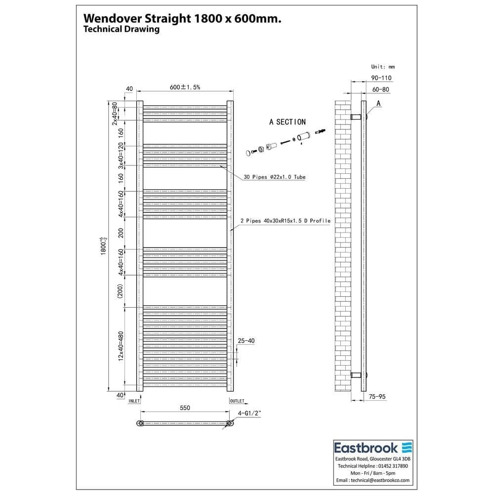 Eastbrook Ladder Rail Eastbrook Wendover Straight Heated Towel Rail in Chrome